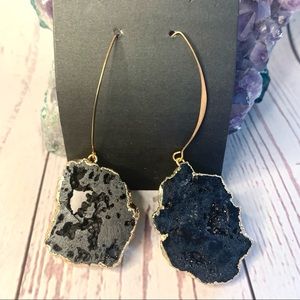 Black Electroplated Gold Druzy Geode V Hook French Earrings